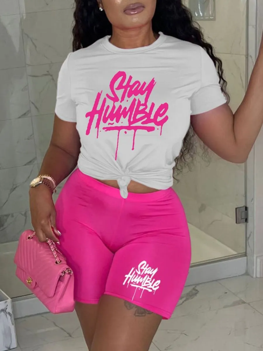 LW Letter Stay Humble Print Two Pieces Shorts Set Casual Short Sleeve Crew Neck Top&Skinny Matching Bottoms 2 Pieces