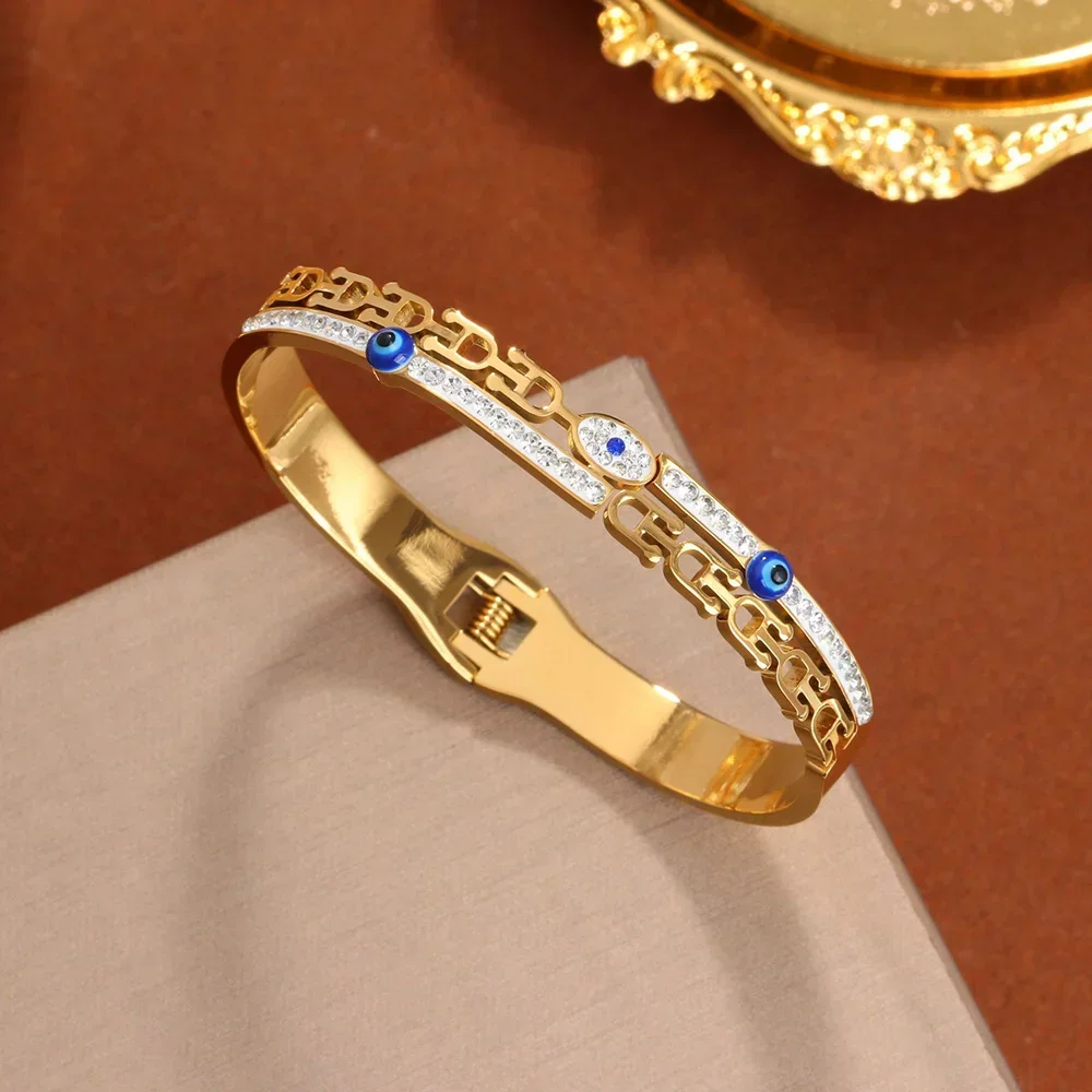 

316L Stainless Steel Blue Rhinestone Eye Charm Bracelet Bangles for Women Gold Plated Bracelets Waterproof Jewelry 2024