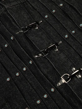 Mens Jacket Punk Vintage Streetwear Black Denim Short Coat Metal Buckle Studded Design Pleated Detail Retro Cool Hip Hop Fashion 3