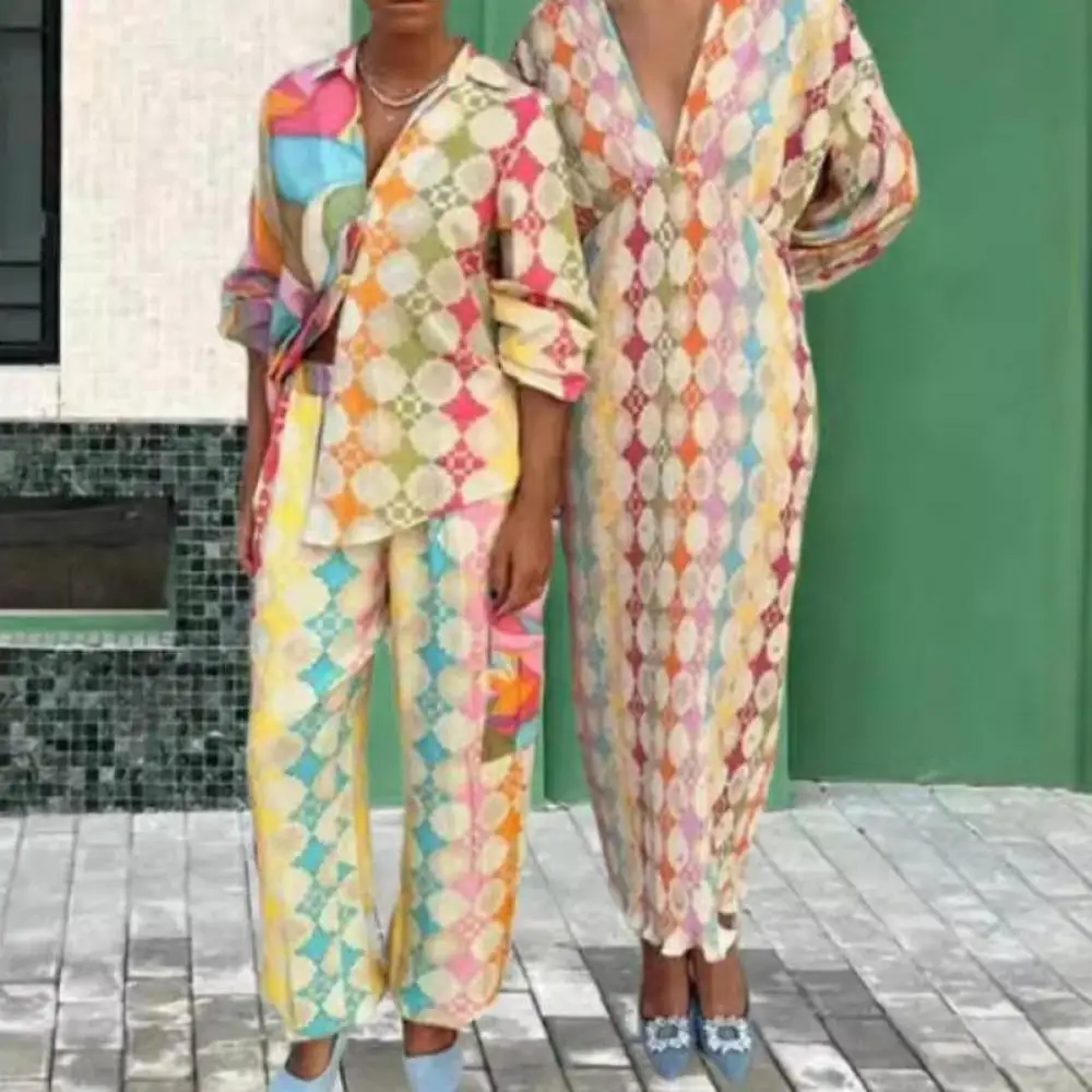 

Chic Collared Printed 2-Piece-Set Colorful Blouse with Matching Palazzo Pants Sets Casual Loose Printed Shirts Wide Leg Pajamas