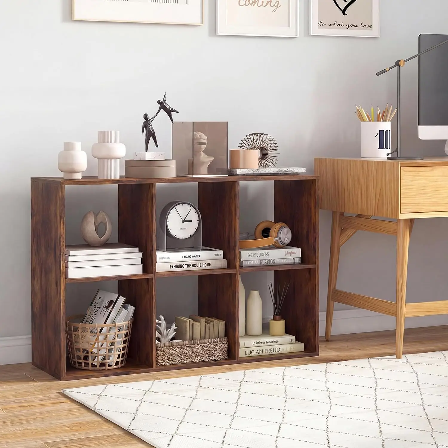 6-Cube Storage Organizer w/Guardrail & Anti-Tip Kit, 9-Tier Freestanding Display Rack for Living Room Bedroom, Rustic Brown, Cus