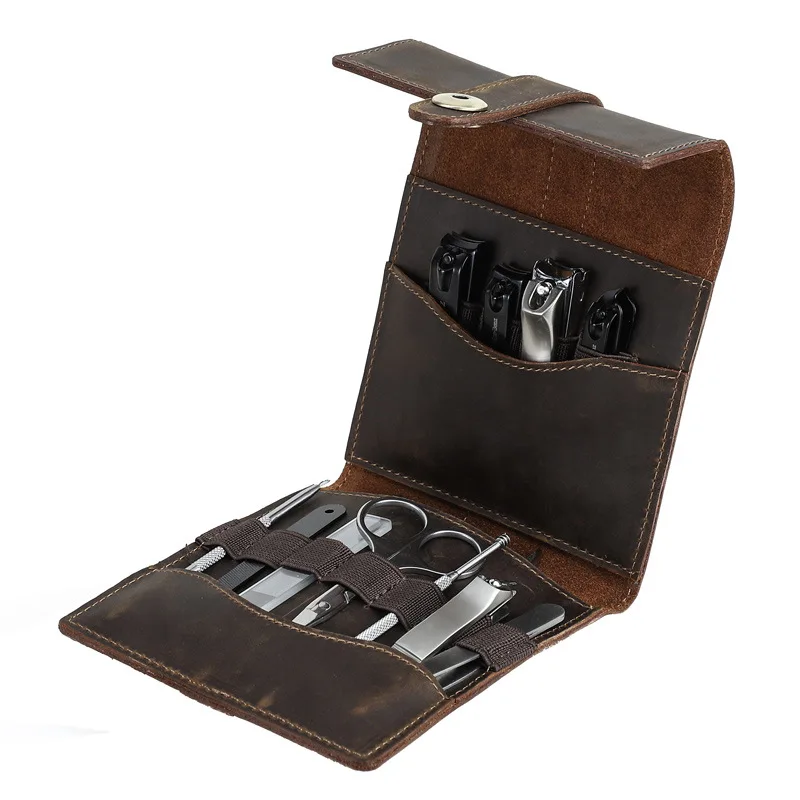 

2026 Nes Luxury Genuine Crazy Horse Leather Travel Case for Manicure Set Pedicure Kit Nail Grooming Kit Clippers Kit Storage Box