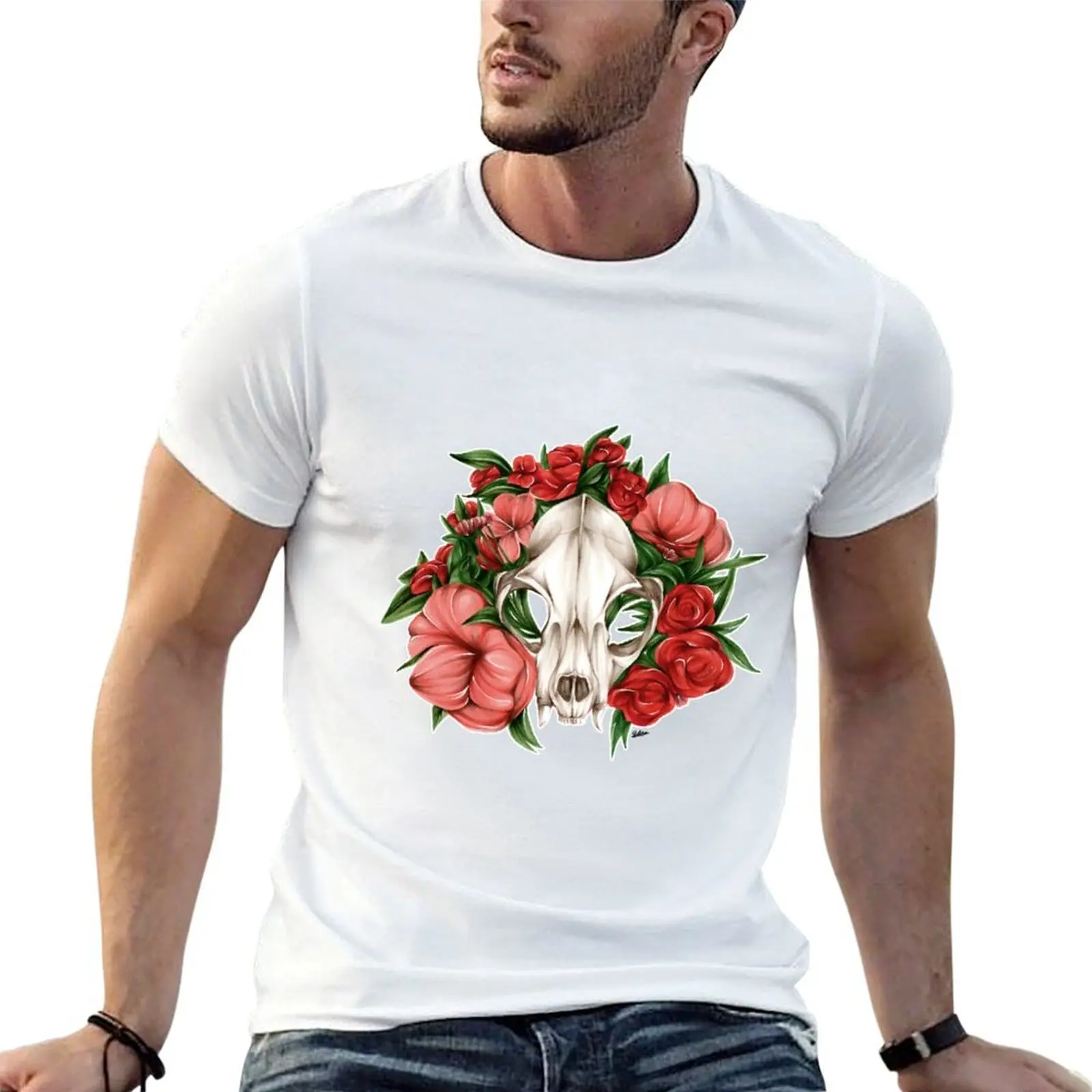 

Bobcat Skull with Flowers T-Shirt g man t shirts for men t shirts for man graphic vintage T-Shirt