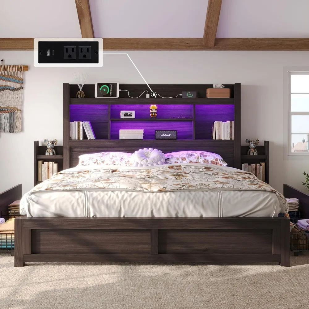 

Bed Frames, w/49.6" Bookcase Headboard & 2 Bedside Racks & 4 Drawers, Wood Beds Frame w/LED & Charging Station,Beds Frame
