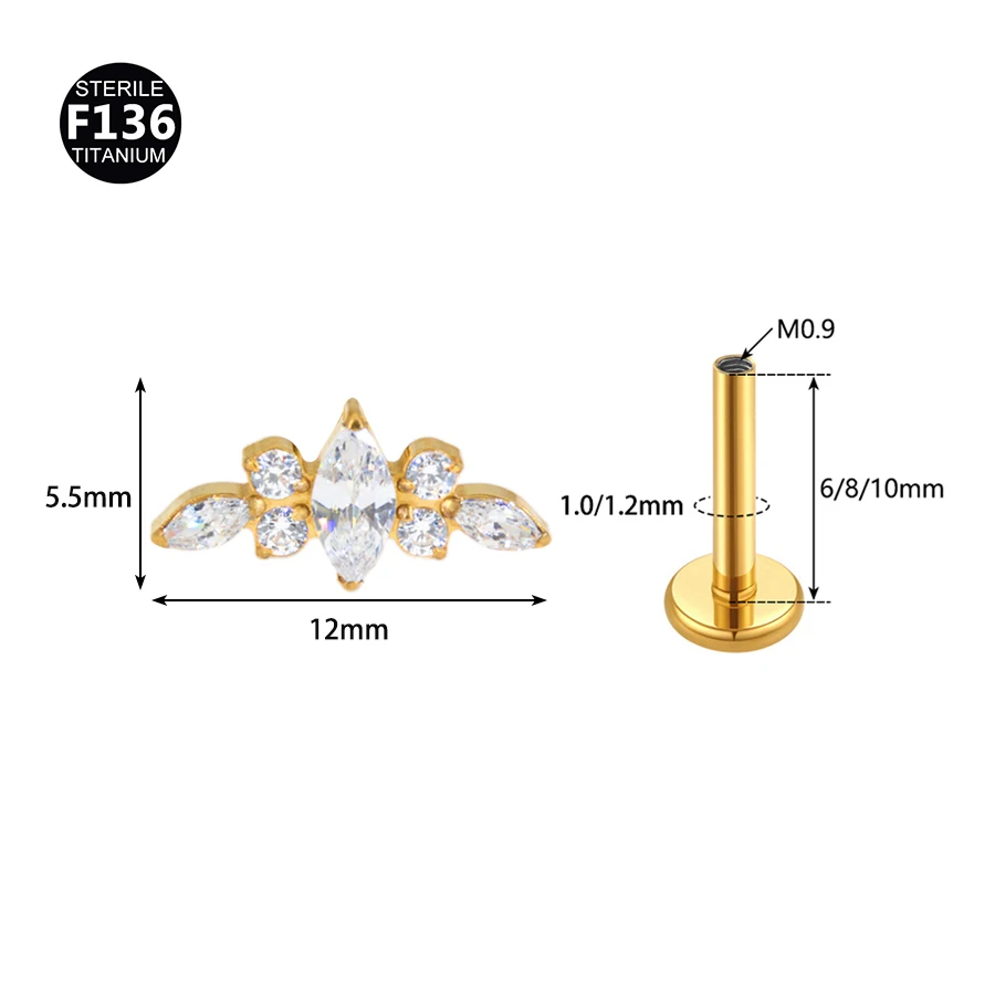 1PC F136 Titanium 16G Ear PIERC Curved Bar Earrings Flower Paved Top Threaded Labret Stud Tragus Lip Ring Body Piercing Jewelry