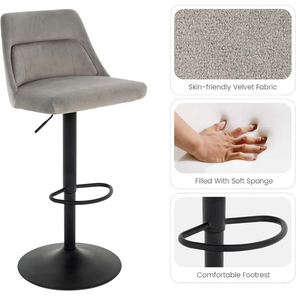 Contemporary Velvet-Covered Swivel Bar Stools: Adjustable High-Back Counter Height Chairs for Kitchen Islands