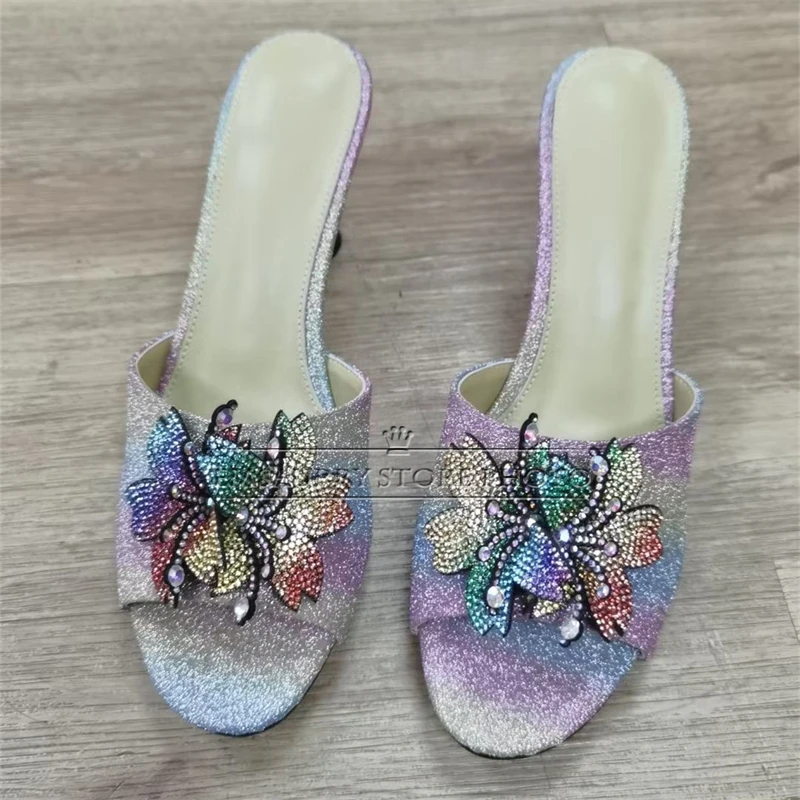 Colorful Rhinestone Flower Decor Sandals Women Metal Strange Heel Rainbow Sequins Slingbacks Summer Mules