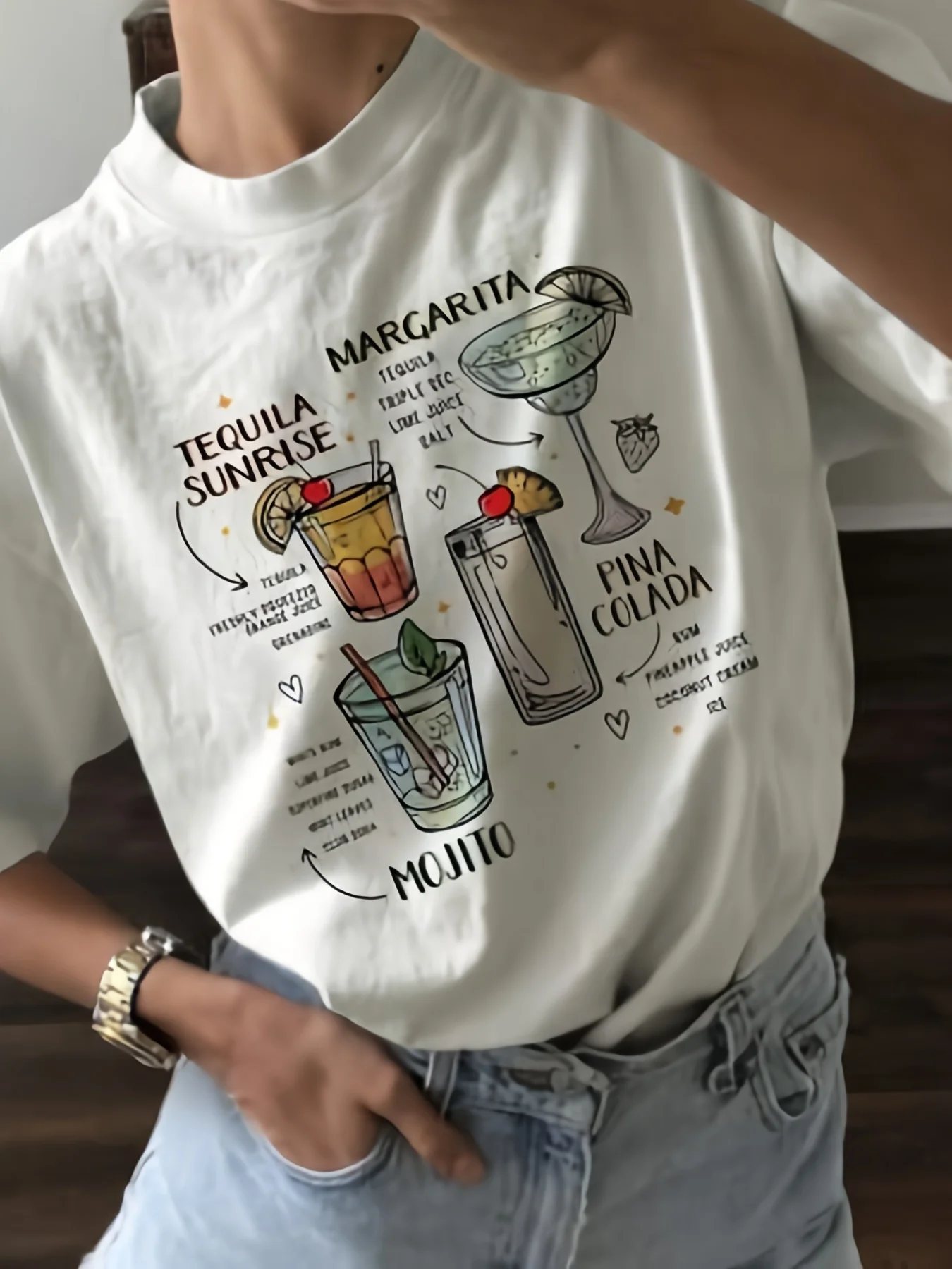 Milk tea cup and English pattern casual T-shirt knitted fabric standard women\'s summer polyester round neck short sleeve
