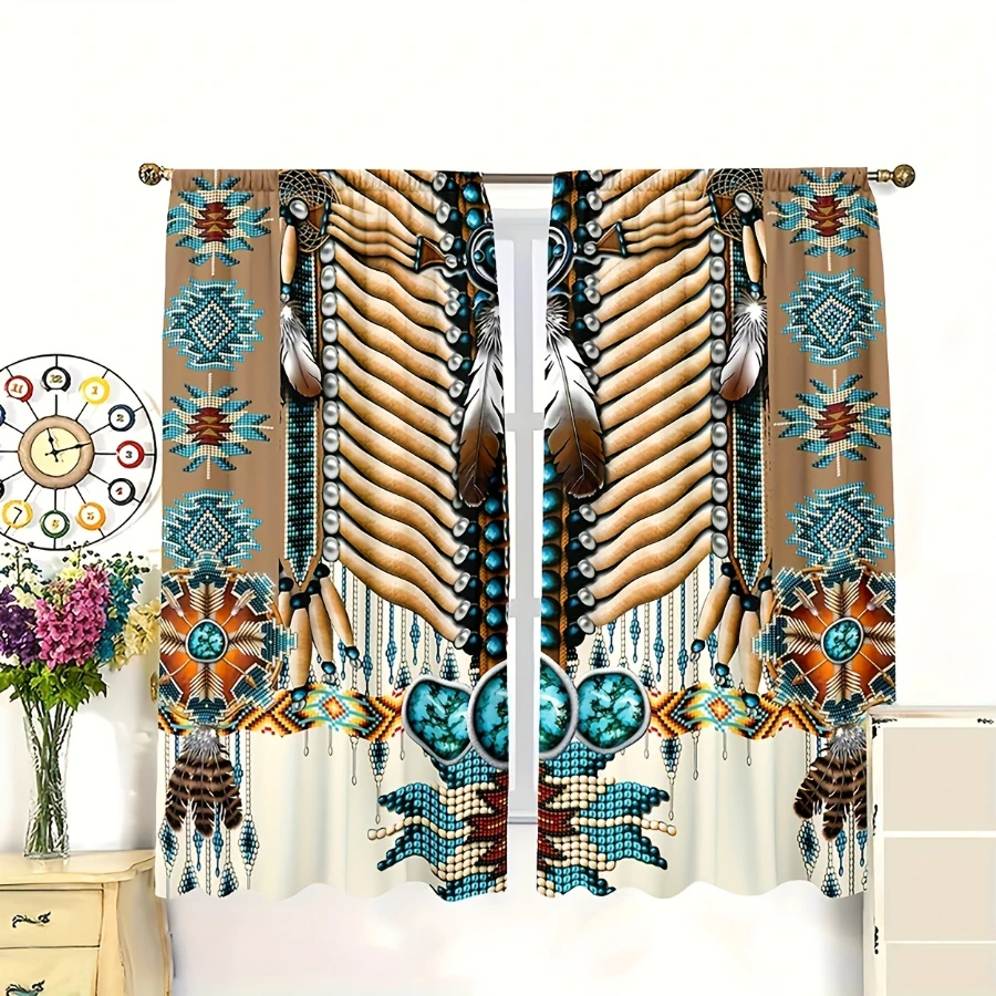 2PCS Digital Print  Curtain, Turquoise Feathers, Bohemian Style  Curtain Panel for Home Living Room Bedroom Decor