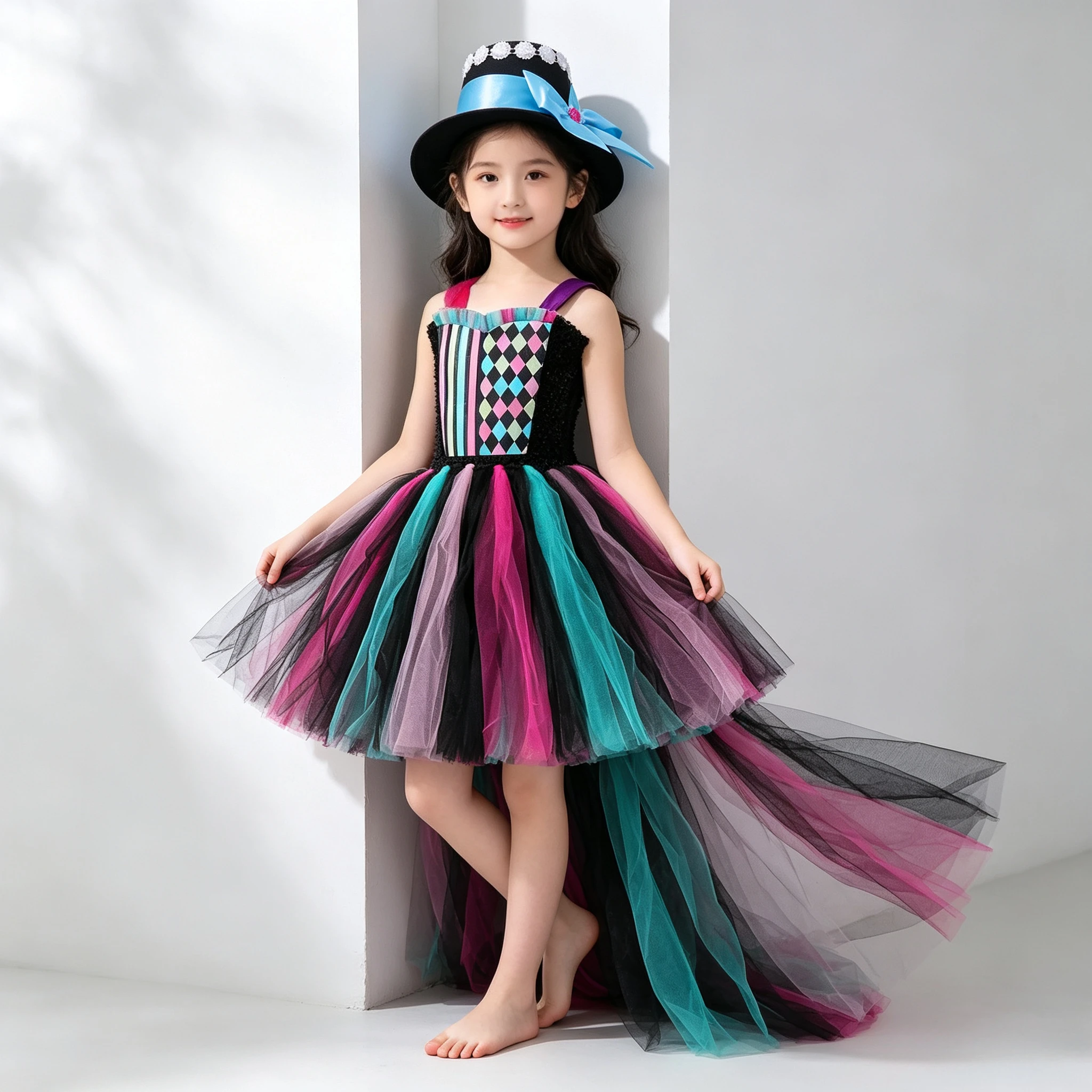 tulle-tutu-dress-set-with-matching-hat-trailing-hem-black-mesh-gown-vintage-fluffy-skirt-for-stage-show-themed-party-occasions