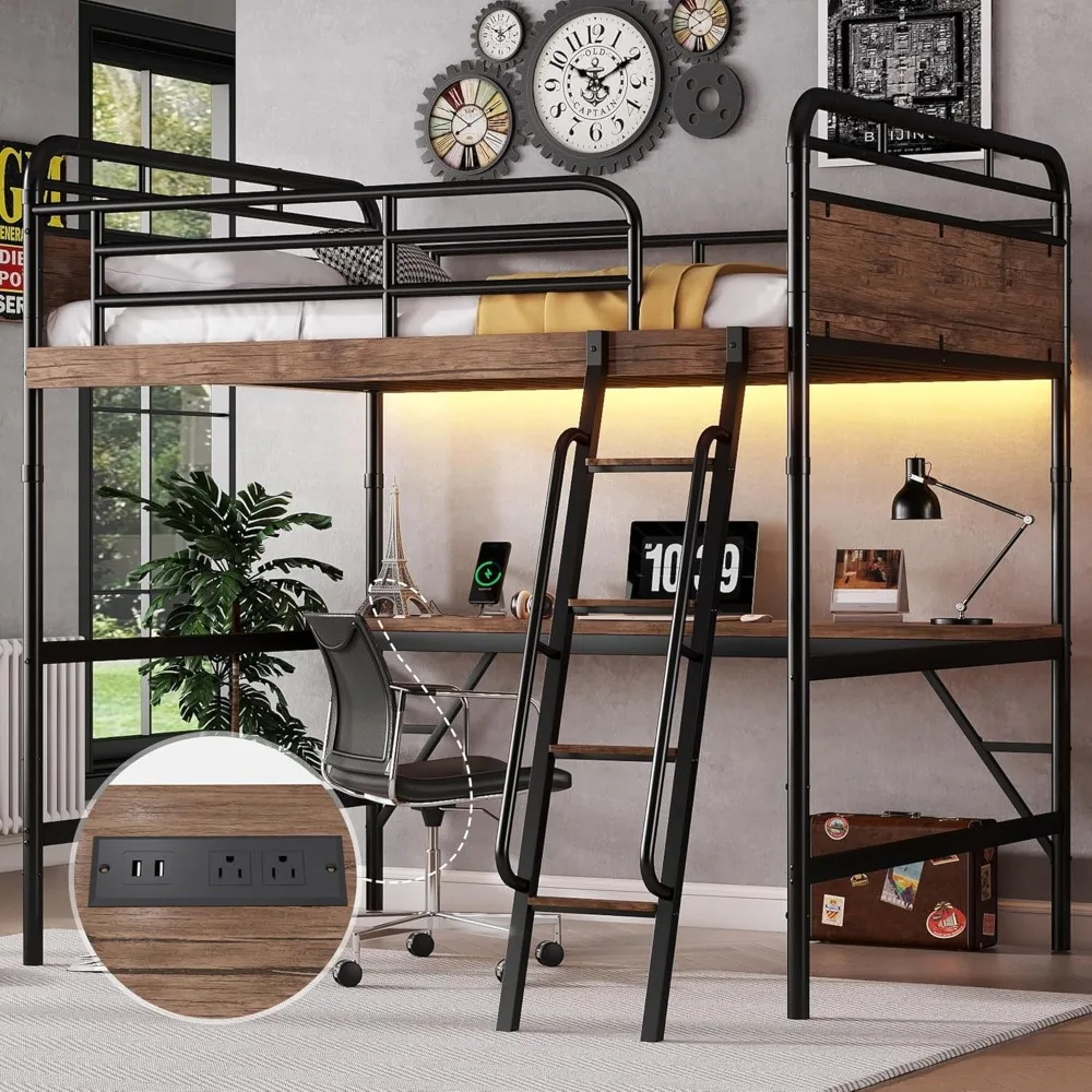 

Full Size Loft Bed with Desk & Led Lights, Metal Loft Bed with Charging Station,Versatile High Loft Beds with Handrails & Guardr
