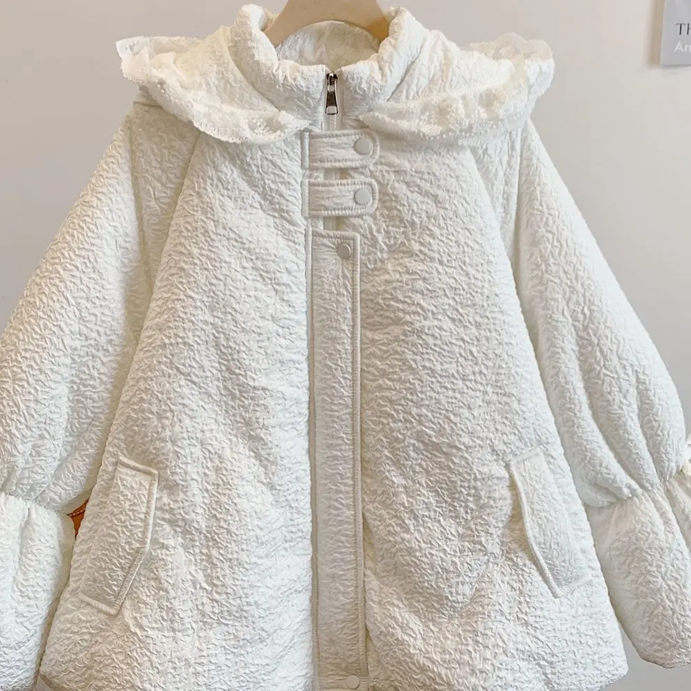 Sweet Coquette Hooded Puffer Parka Women Lace Trim Ruffle Collar Bow Tie Cuff Puff Sleeve Bubble Thick Warm Winter Casual Outfit