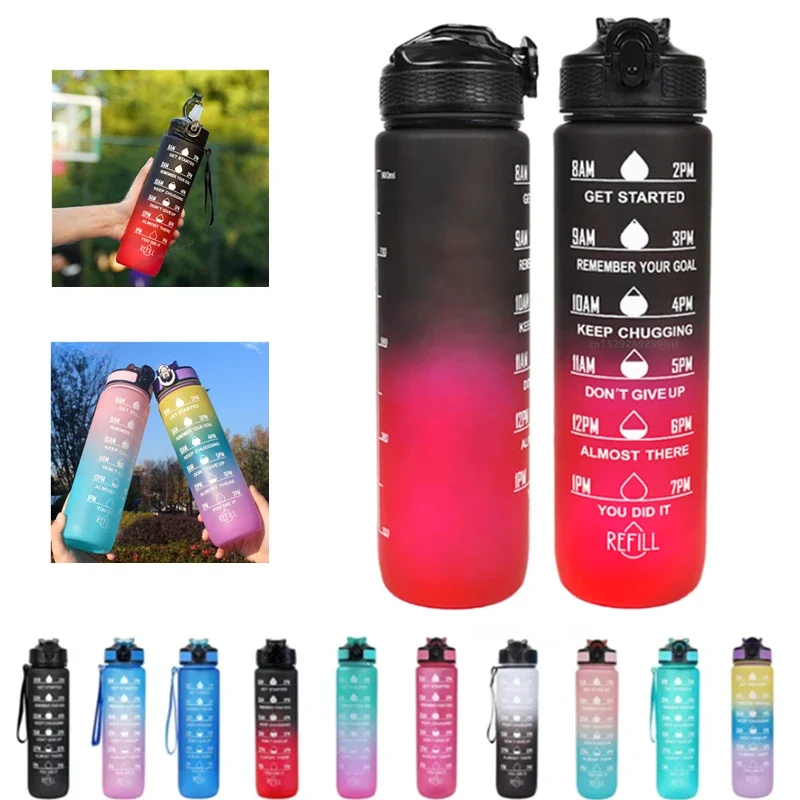 1000ml Sports Water Bottle with Time-Tracking Leak Proof Locking Flip Cover Straw Cup for Outdoor Adventures Gym Jugs
