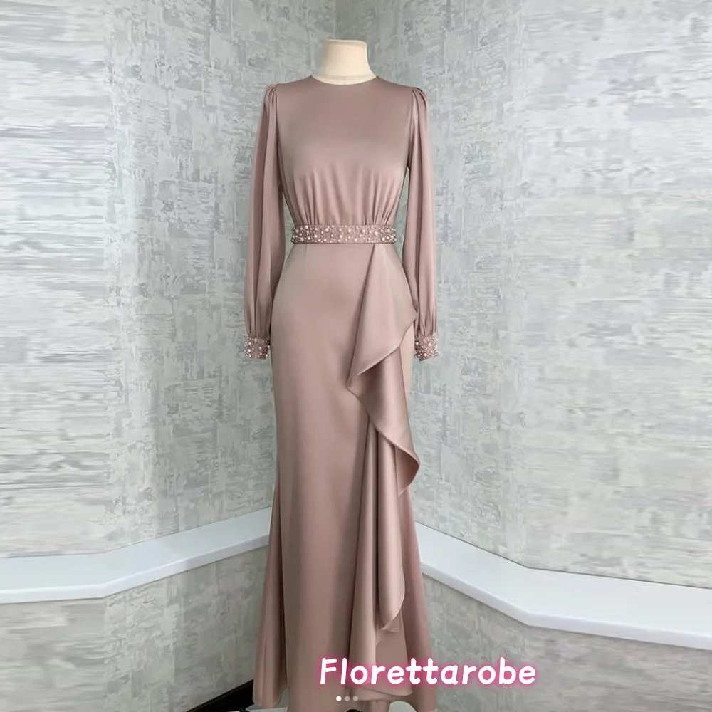 

Customized Modern Pleats Formal Prom Dresses Elegant Long Sleeve O-Neck Beads Pearls Arabia Evening Gown Party Dress