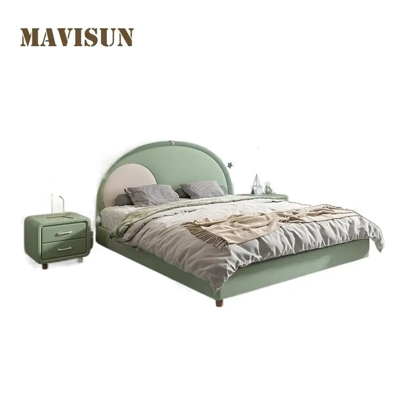 Light Luxury Lovely Green Color Kid's Bed Boy And Gril Leather Child Bed For Small Apartment Bedroom Furniture Set Decoration