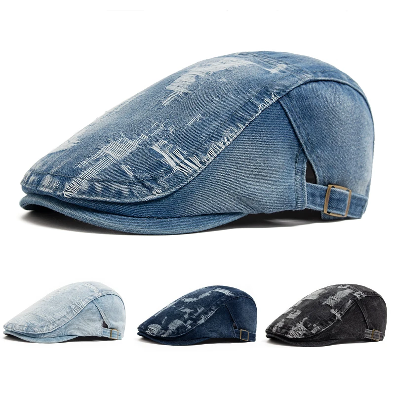 Fashion Ripped Denim Beret Vintage Men Women Newsboy Cap Spring Autumn Casual Cotton Flat Visor Hat Summer Berets Adjustable