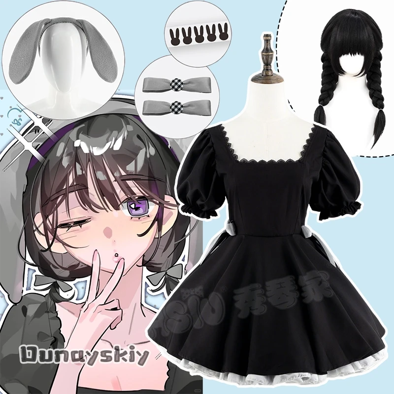 Alien Stage SuA 3er Aniversario Rabbit Cafe Colaboración Cosplay Disfraz {Anna zhang Online} Vestido corto negro con mangas abullonadasLolita