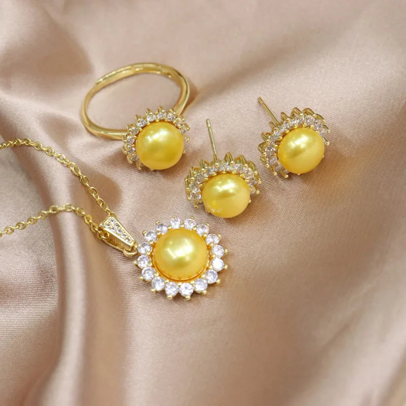 one set freshwater pearl white 8-9mm pendant /earrings/Ring gray/pink/black/yellow/purple