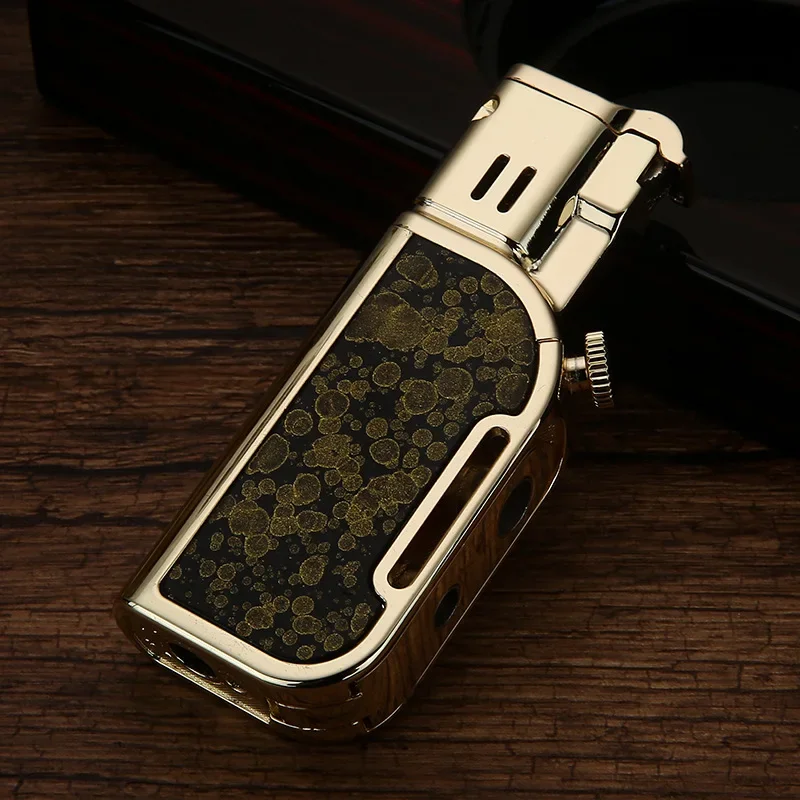 Creative Grinding Wheel Double Flame Lighter, Direct Injection + Open Flame Butane Gas Lighter, with Cigar Drill