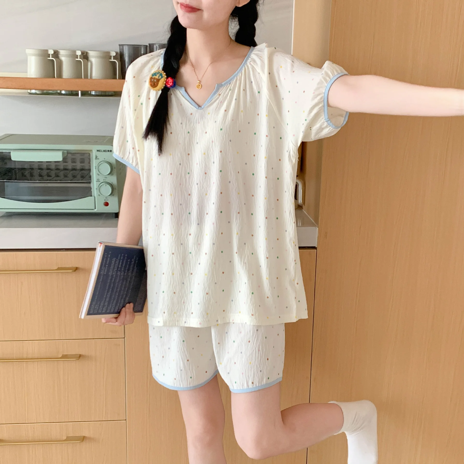 Girls Soft Printed Pajama Set Women Student Homewear Woman Loose Casual Loungewear Breathable Shorts Short Sleeve Teens Casual