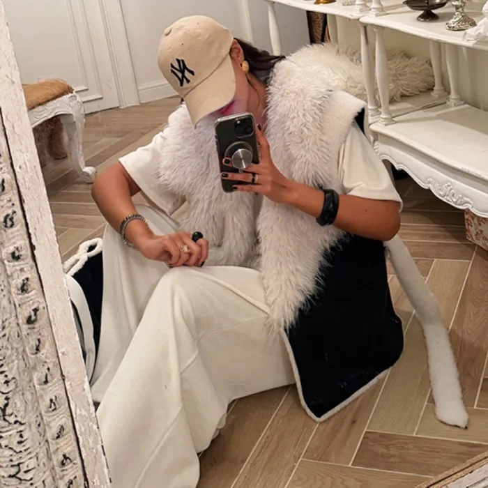 Gilet coréen en cuir et fourrure pour femme, haut Svel intermédiaire, petit ence Design Sense, automne hiver Jaet