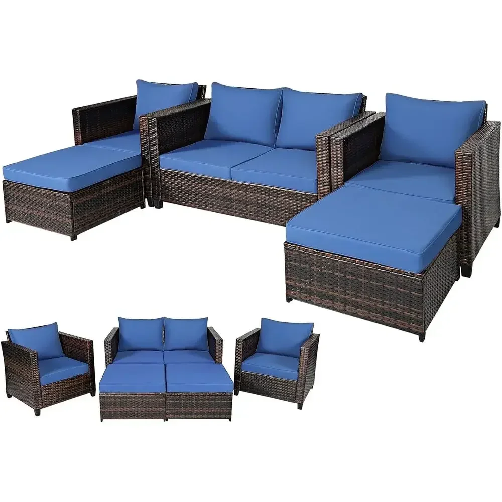 5-Piece Outdoor Patio Sectional Set with Loveseat and Ottomans, Ideal for Backyard, Garden, Poolside, and Balcony in Navy Blue