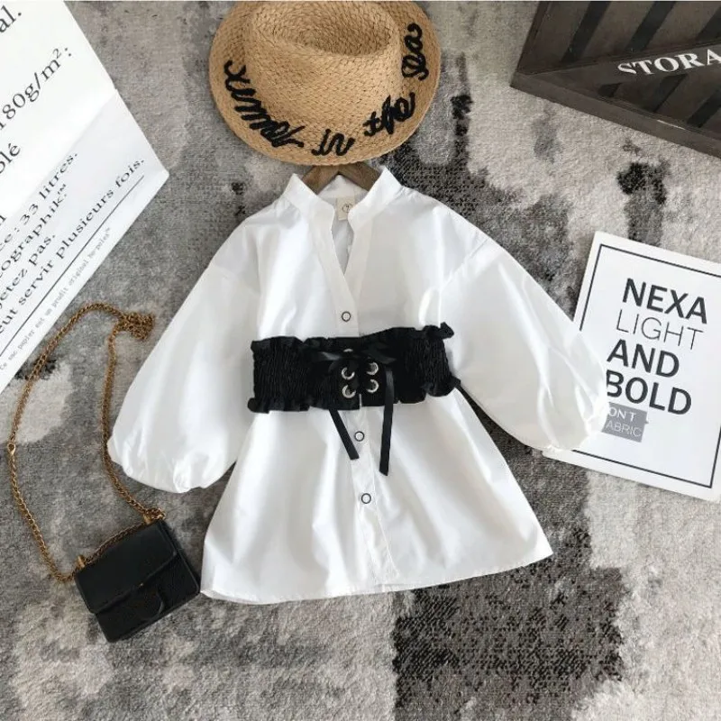 

Girls' Pure White Cotton Shirt Mid-Length Spring Autumn Children's Waist Top