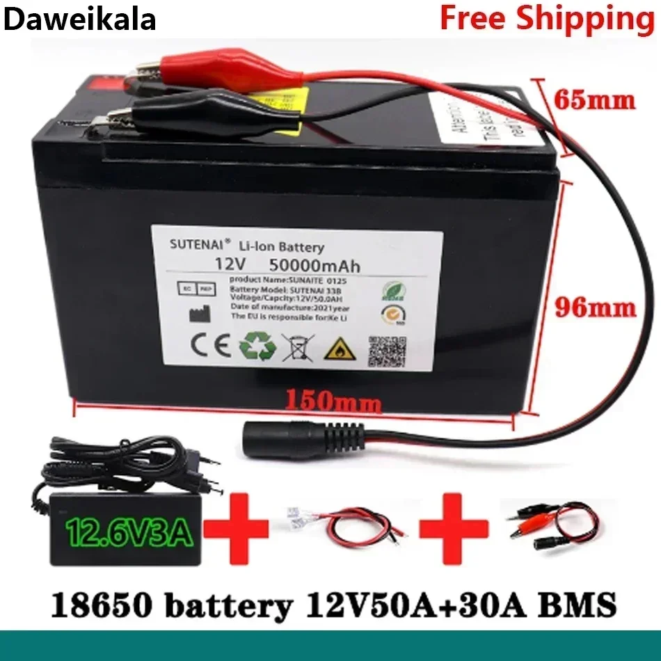 Batterie au lithium 12V 50000mAh 3s7p 18650, avec BMS de courant 50Ah, adaptée aux équipements standard 12V sions + chargeur 12V 3A, nouveauté