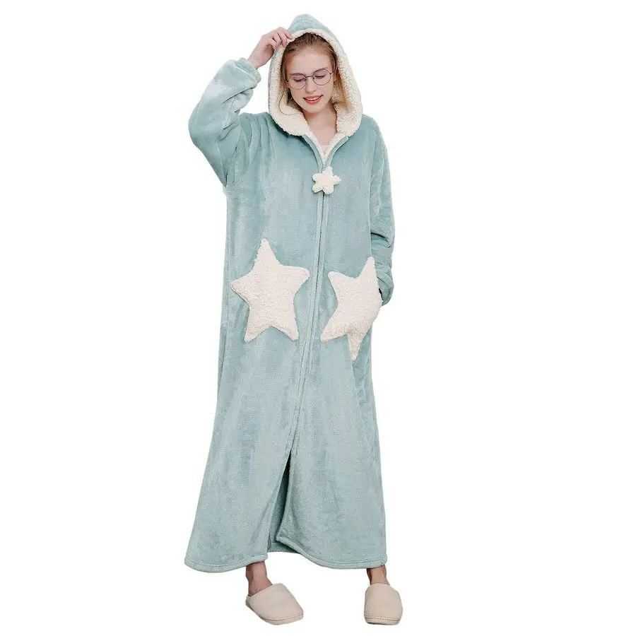 

Robe Hooded Zipper Flannel Bathrobes Housecoat Ladies Plush Fleece Warm Sleepwear Long Pajamas Nightgown