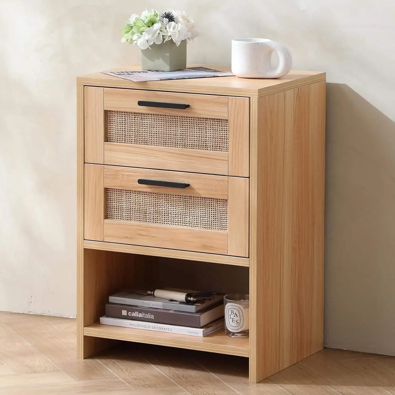 Cross-border Amazon rattan bedside table simple solid wood storage cabinet bedroom bedside small cabinet editor low cabinet furn