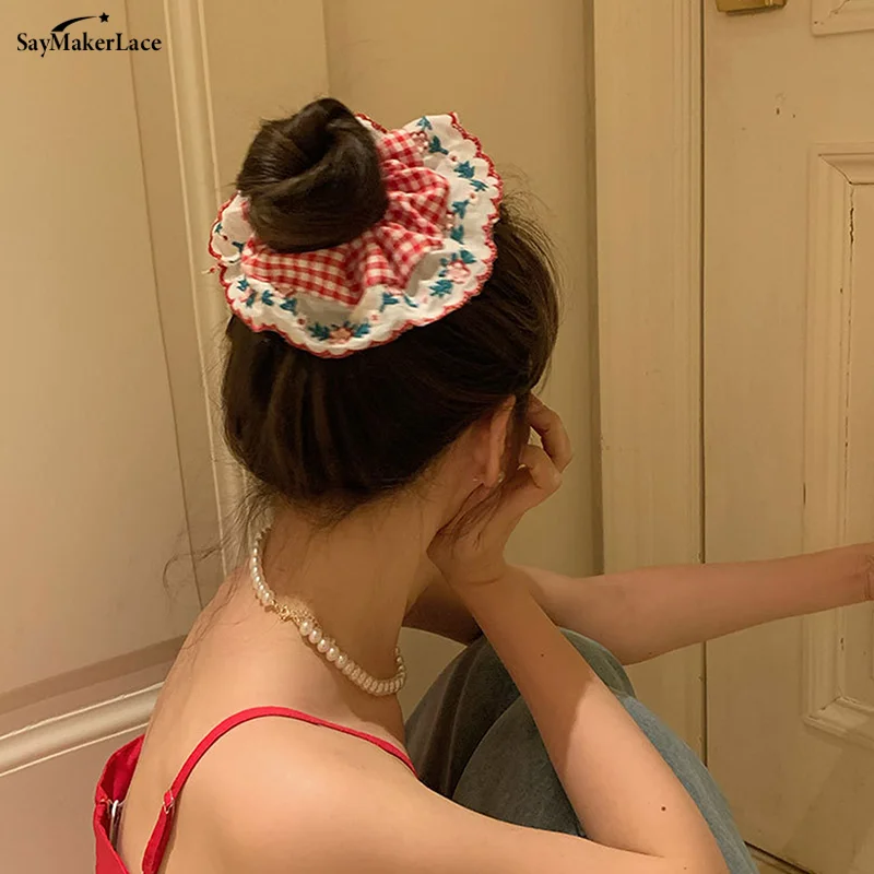 Mooie Geborduurde Grote Scrunchies Elastische Haarbanden Haarbanden Vrouwen Zoete Haaraccessoires Paardenstaart Houder Hoofd Touw