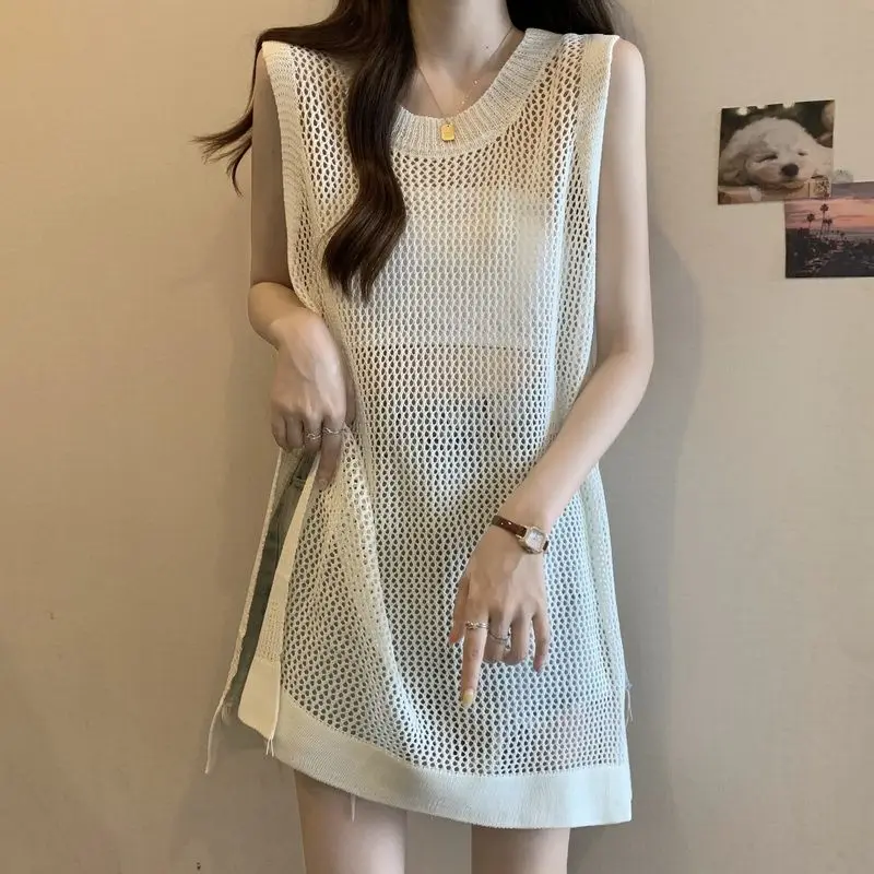 2025 Women's Fashion Loose Sleeveless Long Hollow Out Knit T Shirts Lady Casual Split O-Neck Vest Solid Tops Female Streetwear