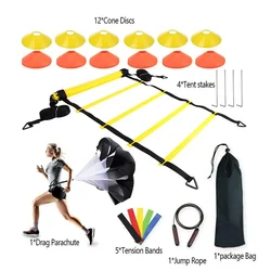 Footwork Soccer Fitness Speed Rungs Football Agility Ladder Training Equipment Kit With Resistance Parachute Disc Cones Bags Set