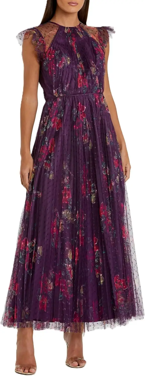 Floral Flutter Sleeve Midi Dress High Neck Wedding Dress for Guests