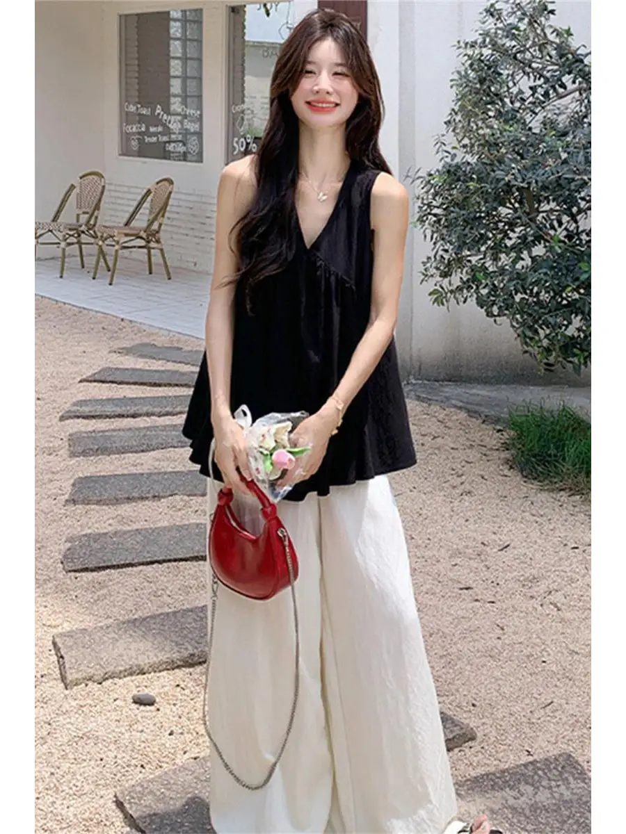 Summer Casual Women's Vest Top And Wide Leg Pants Two-Piece Set V-Neck Sleeveless High Waist Black Color Block Loose Fit