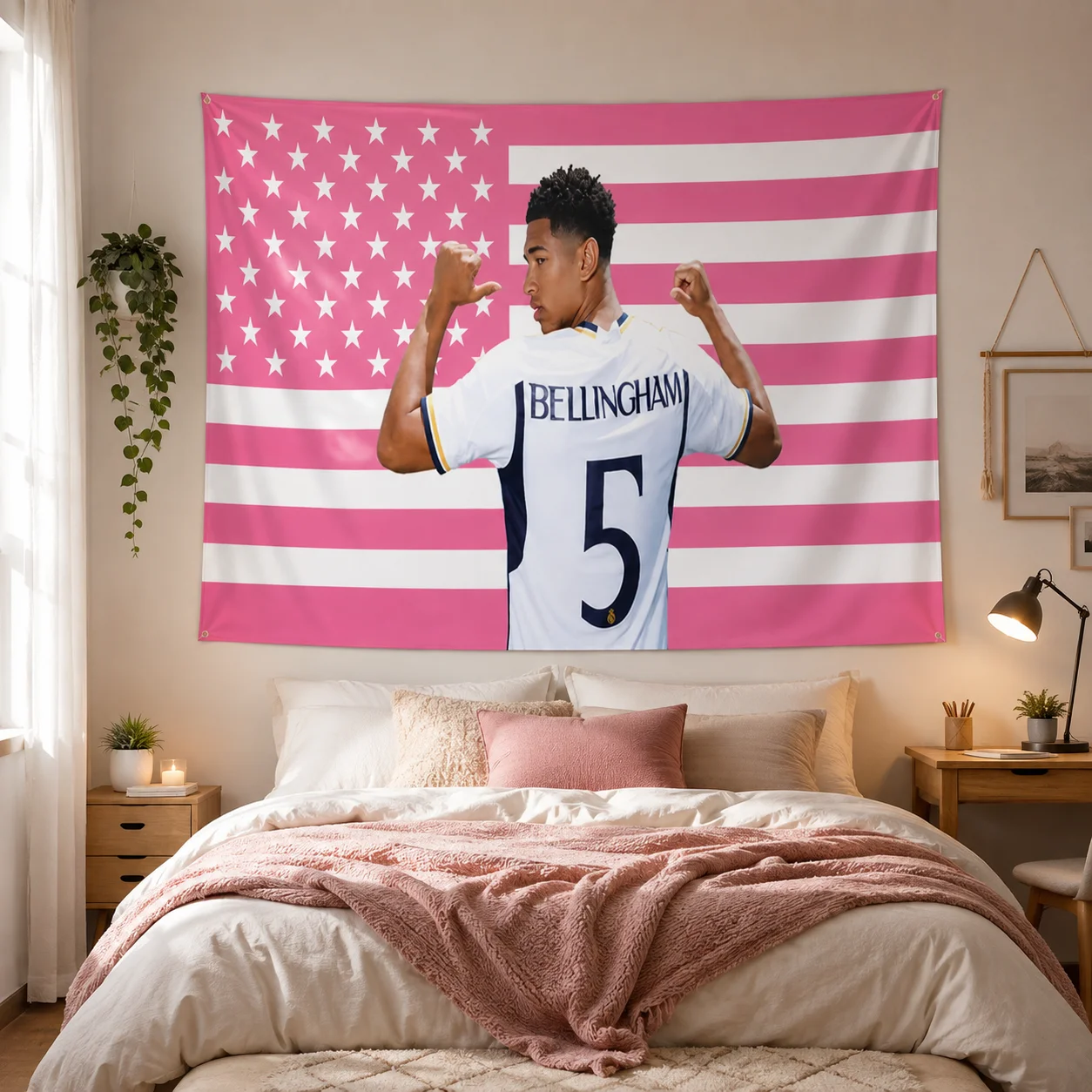 Jude Bellingham No.5 Football Tapestry Pink American Flag Background Soccer Star Wall Hanging Bedroom Dorm Decor Fan Gift