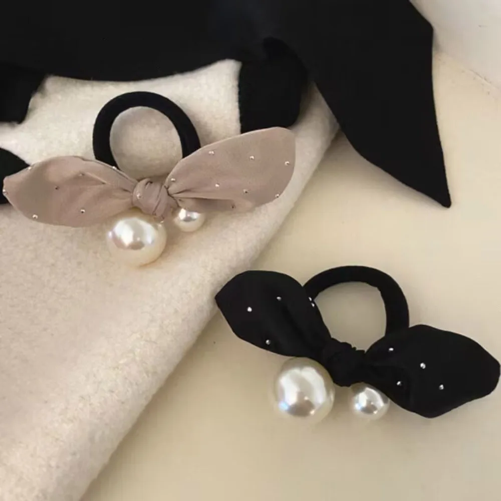 Fashion Imitation Pearl Rhinestone Bow Hair Rope Simple Rubber Band Hair Ties for Women Girls Ponytail Hairband Hair Accessories