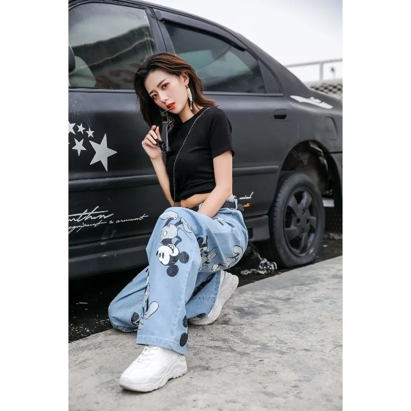 

Chinese Streetwear Unisex Couple Mickey Print Jeans Plus Size Loose Wide Leg Denim Dad Pants Casual Trendy Trousers baggy jeans