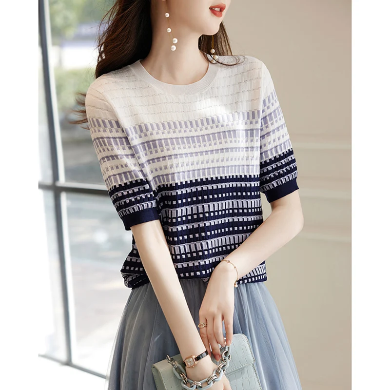 Top redondo de punto de seda de hielo Ne ort Sve para mujer, Top de Color con bordado Floral, patrón coreano Sle Commute Faion