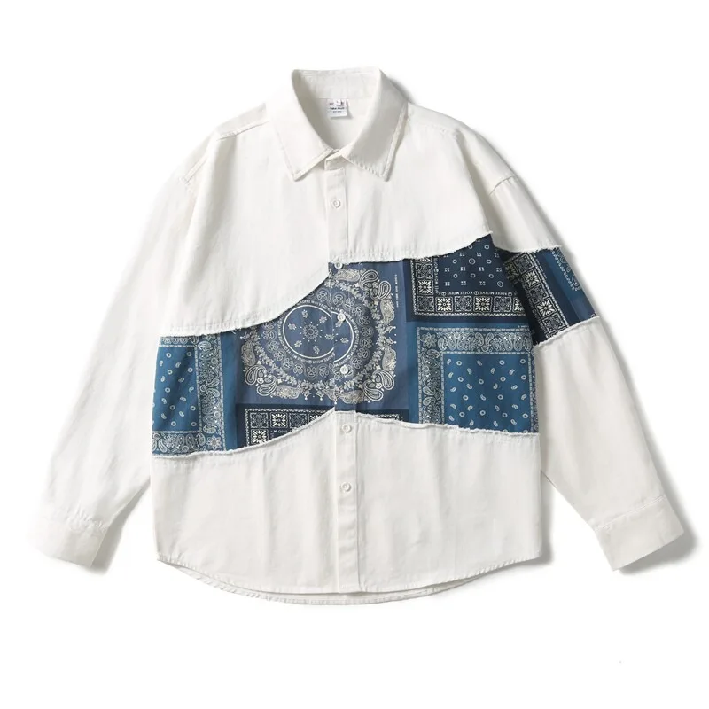 Japanese-style Patchwork Cashew Flower Shirt New Autumn Style Long-sleeved Top Casual Shirt for Men and Women