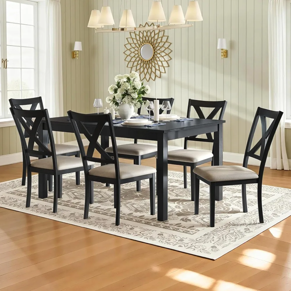 

7-Piece Solid Wood Dining Table Set, 60 Farmhouse Dining Table with 6 Chairs, Rectangular Table Set for 6, Kitchen & Dining Room