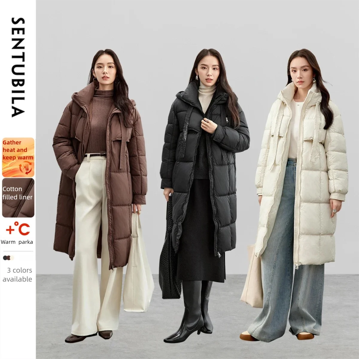 

SENTUBILA Women's Long Parkas 2025 Winter Padding Coat Oversized Stand Neck Hooded Zipper Warm Outerwear Woman Clothes W44M58169
