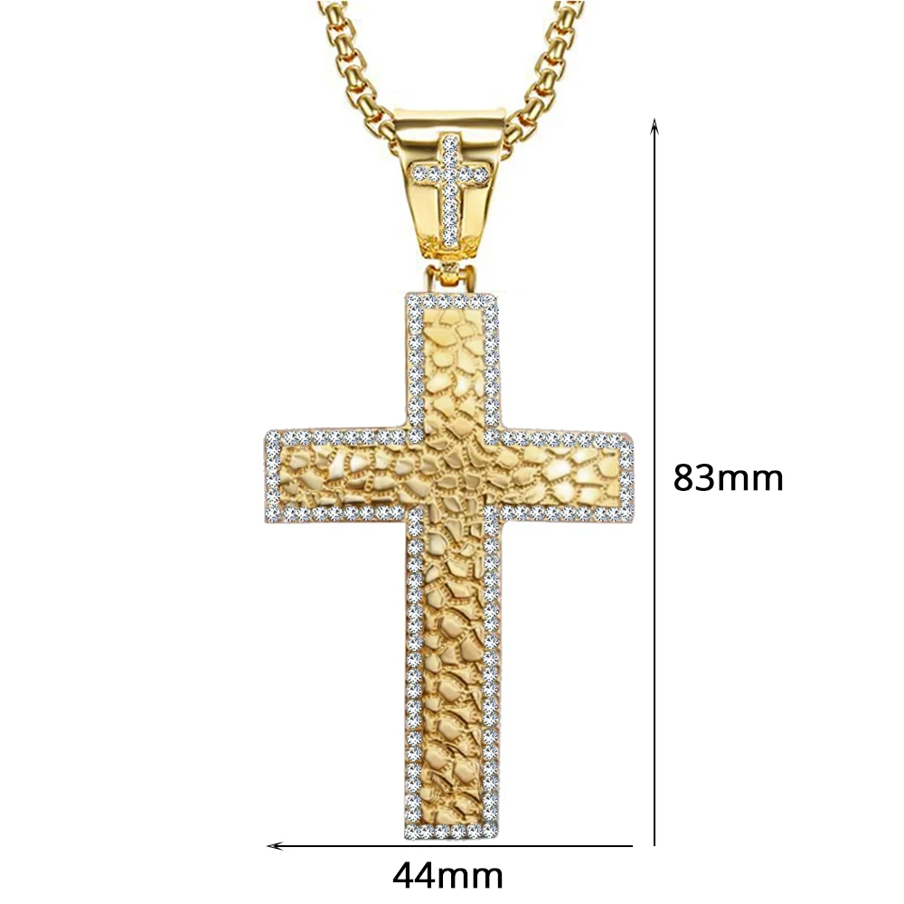 Iced Out CZ Large Big Cross Pendant With Chain Gold Color Stainless Steel Men Necklace Hip Hop Bling Bling Jewelry N1492