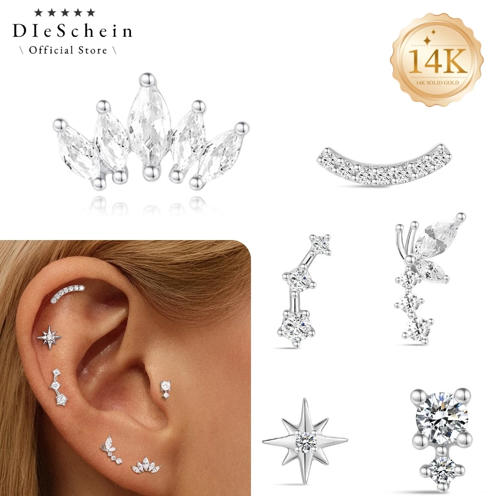 DIeSchein 14K Solid Gold CZ Cartilage Piercing Studs Star Crown Butterfly Flat Back Helix Tragus Piercing Earrings Jewelry Women
