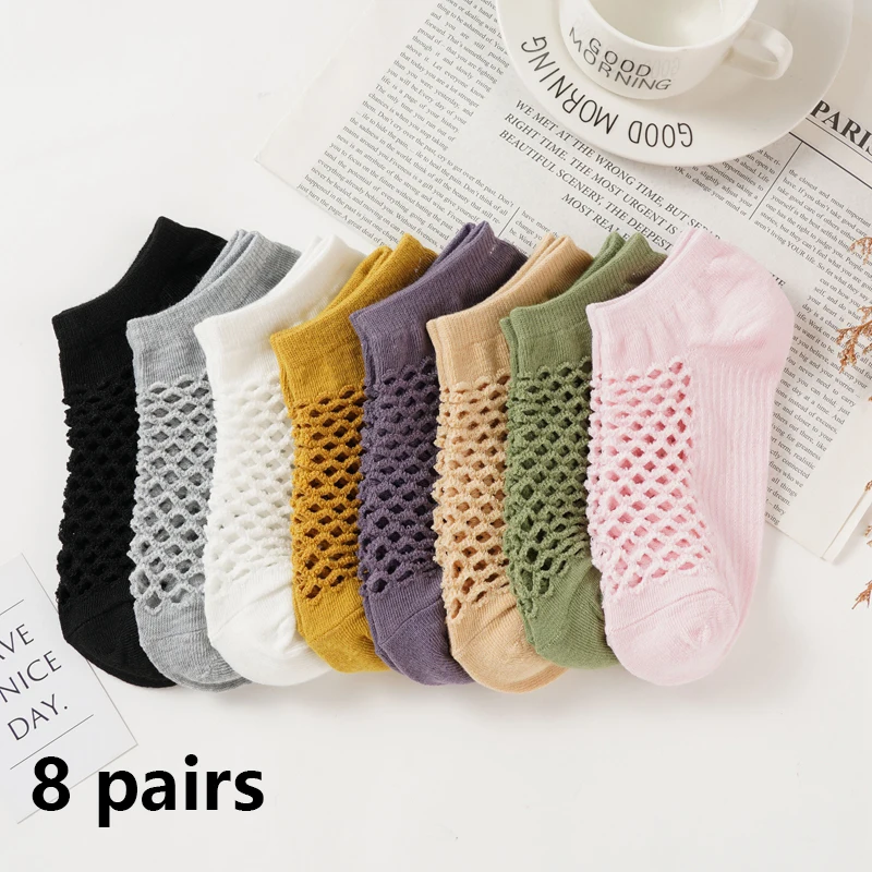 

8 Pairs Women Mesh Breathable Hollow Out Ankle Socks Woman Summer High Quality Fashion Female Multi Colors Holes Short Boat Sock