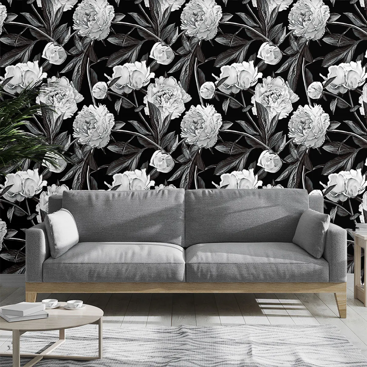 1 Roll of Black and White Floral Pattern Cyclic Wallpaper, a Spliced Wallpaper with a PVC Material Backside and Adhesive, White