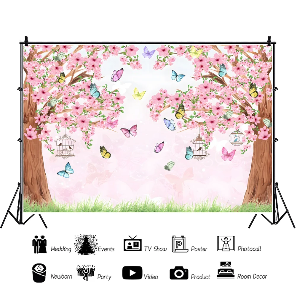 Laeacco Spring Garden Pink Cherry Blossom Green Grass Butterfly Backdrop Baby Shower Birthday Portrait Photography Background