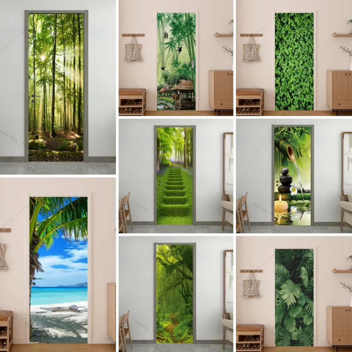 Removable Vinyl Decal Landscape Forest Beach Door Wallpaper Self-adhesive Green Leaf HD Print Door Sticker Bedroom Living Room