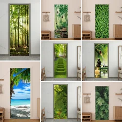 Removable Vinyl Decal Landscape Forest Beach Door Wallpaper Self-adhesive Green Leaf HD Print Door Sticker Bedroom Living Room