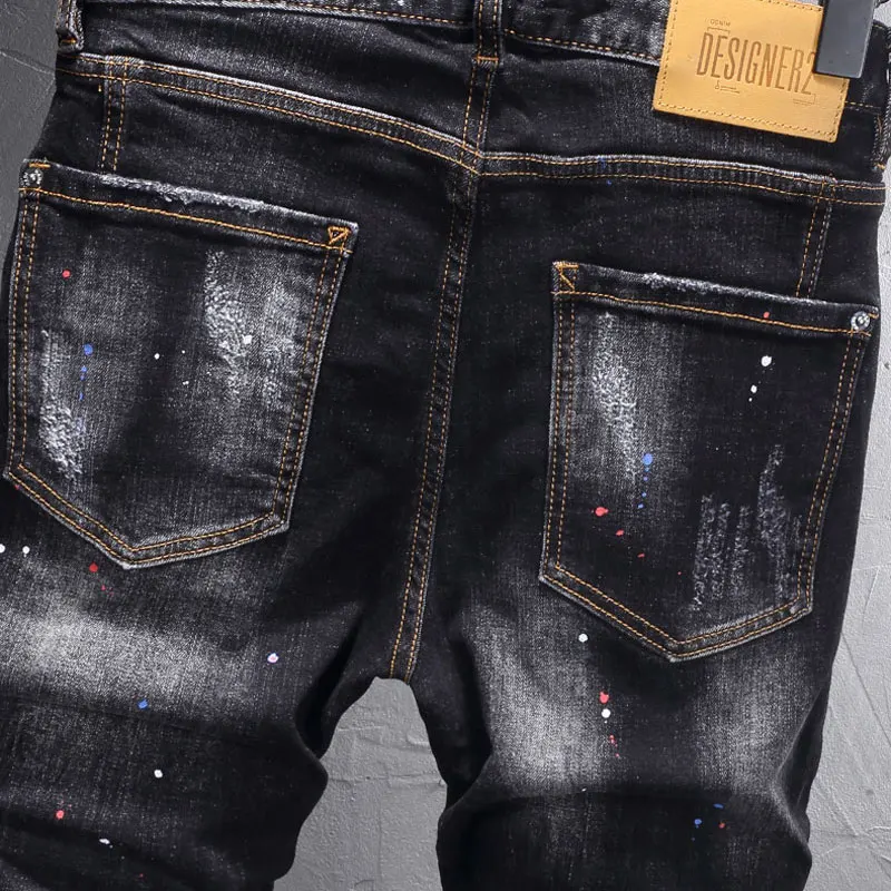 Italian fashion new men's jeans stretch slim fit retro black jeans painted designer patchwork jeans hombre